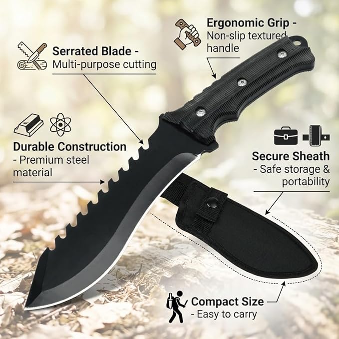 11.4 Fixed Blade Outdoor Knife with 9CR13MOV Stainless Steel - Rugged Utility Knife with Sawtooth Spine &amp V-Shaped Edge - Non-Slip ABS Handle with Lanyard Hole - Durable Nylon Sheath for Camping