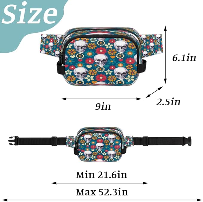 Vintage Skulls Flowers Waterproof Fanny Pack for Women Men Adjustable Waist Bag with Double Zipper Pockets Lightweight Square Hip Pack for Running Travel Hiking Workout Cycling