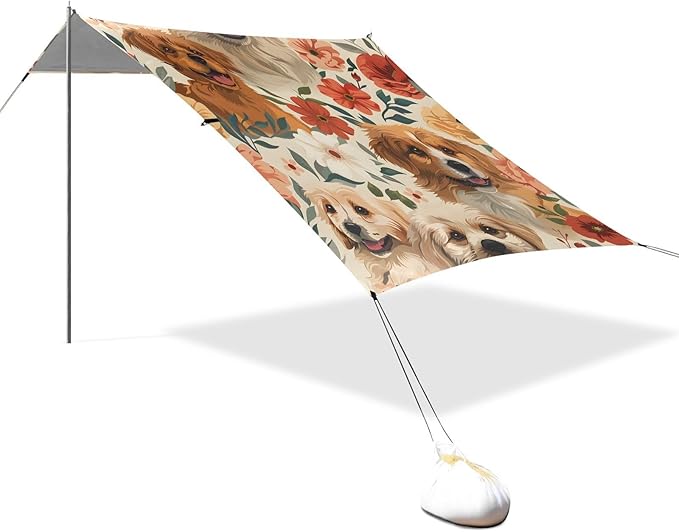 ALAZA Dog Puppy Flowers Beach Tent Sun Shelter UPF50+ Protection Beach Shade Canopy w/ 4 Sandbags for Outdoor Camping Fishing Backyard Fun Picnic 10x9 ft