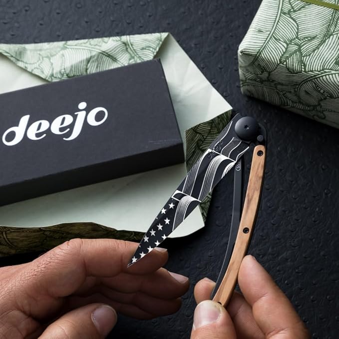 deejo - 27G Folding Pocket Knife with Belt Clip - Stars and Stripes Design 2.95-Inch Stainless Steel Blade Black Titanium Finish Olive Wood Handle - Lightweight EDC for Home Work and Outdoor Use