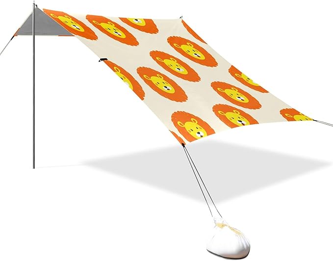 Lion Beach Canopy Sun Shelter with Sandbags &amp Sand Shovel &amp Windproof Ropes - Portable 110x126 Beach Shade Beach Tent for Camping Picnics
