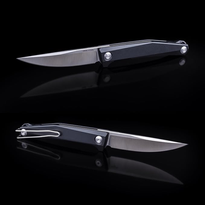 Real Steel Teres Lightweight EDC Flipper knife  3.11'' Nitro-V ‎Satin Hollow-Ground BladeAluminum HandleLiner Lock Knife Gentleman's Knife with Pocket ClipHunting Camping Hiking Fishing Knife