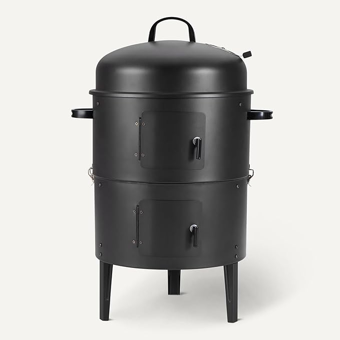 Amazon Basics 16 inch Vertical Charcoal Outdoor Smoker BBQ Grill with Built-in Thermometer 2-Layer Design Adjustable Air Supply Control Black
