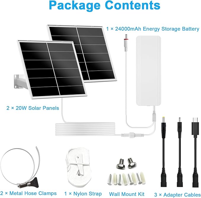 VUEBEE 40W Solar Panel Kit and 24000mAh Battery for PTZ Security Cameras 5V/12V Adjustable Output USB-C &amp DC Plugs 360° Mount IP66 Waterproof