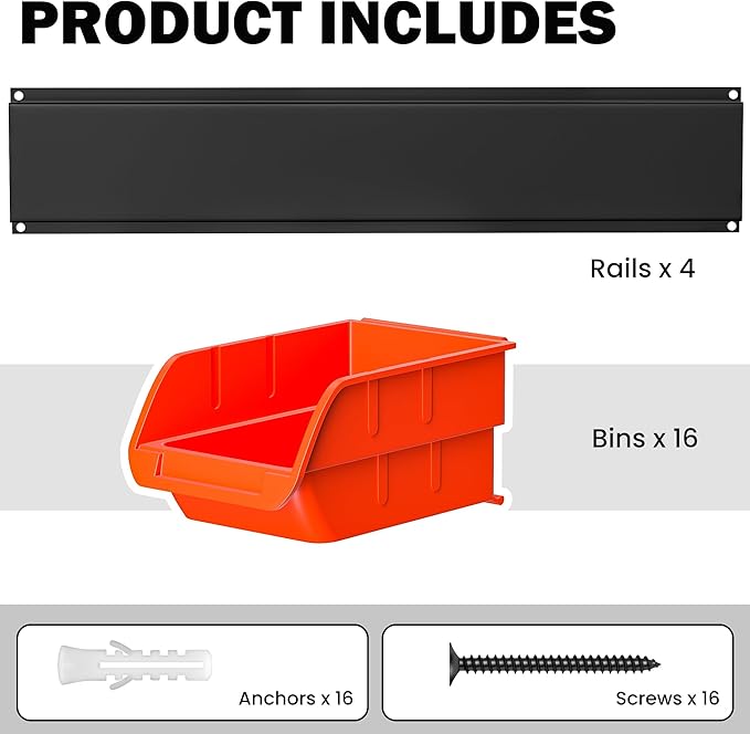 Ultrawall Wall Mounted Storage Bins Plastic Hanging Storage Organizer Bins Garage Tool Storage System for Screws Nuts Bolts Nails and Small Hardware Parts 16x bins &amp 4 x rails Orange