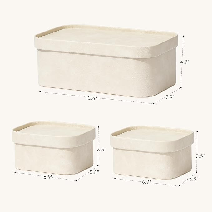 La Jolie Maison Vegan Leather Storage Boxes with Lids Set of 3 Decorative Storage Containers Organize Stackable Storage Box Beige