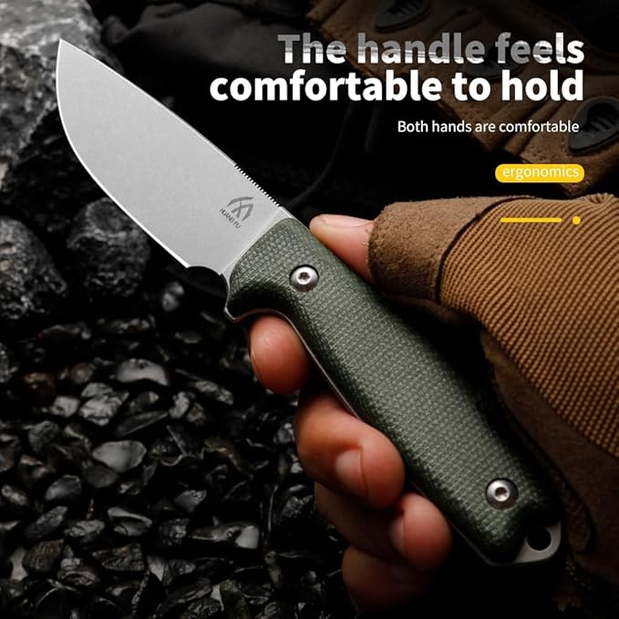 HUANG FU Fixed Blade Knife 7.08 Inches Total Length Double Edge High-Carbon Steel Tactical Survival Knife with K-Sheath (Brown stem)