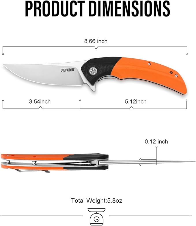 DISPATCH Folding Pocket Knife3.768Cr13Mov Steel Trailing Point Blade G10 HandleLiner Lock EDC KnifeTactical KnifeLarge Folding knife with ClipPocket Knife for Men Women Camping Survival Hiking.