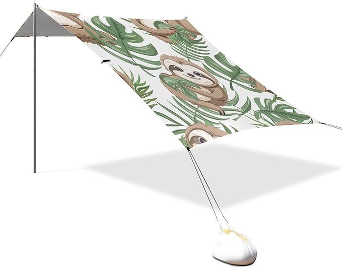 ALAZA Cute Sloth and Palm Leaves Beach Tent Sun Shelter Portable Canopy Sunshade for Outdoor Camping Picnics Backyard Fun 10x9 ft