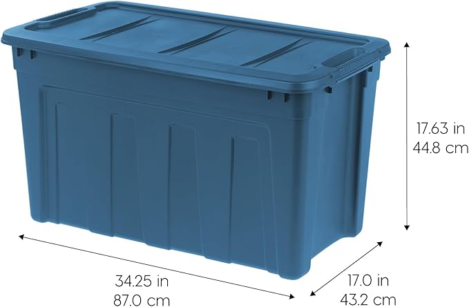 IRIS USA 31 Gallon Eco-Friendly Heavy Duty Storage Totes with Easy-Grip Handles 4 Pack - Large Bins with Lids Garage Organizing Tubs Durable Stackable Utility Containers Made in USA - Navy