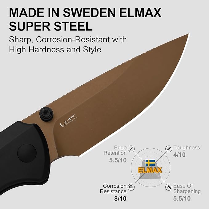 Kizer T1 BD EDC Pocket Knife 3.2Elmax Steel Drop Point Folding Knives with Titanium Handle Sunset Gold PVD&ampStonewashed Finish Thumb Stud Opener Button Liner Lock for Camping Hiking Ki3490.2B