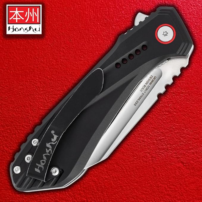 Honshu Sumorusodo Pocket Knife | 7CR17 Stainless Steel Wharncliffe Blade | Ball Bearing Opening | Black Iodized 6061 Aluminum Handle | Pocket Clip | 3 3/8 Blade Length
