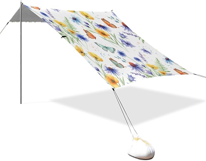 xigua Wildflowers Beach Tent Sun Shelter with Carrying Bag - Silver Coated Oxford Fabric Beach Canopy for Beach Camping Fishing - Includes Windproof Ropes Sandbags &amp Stakes