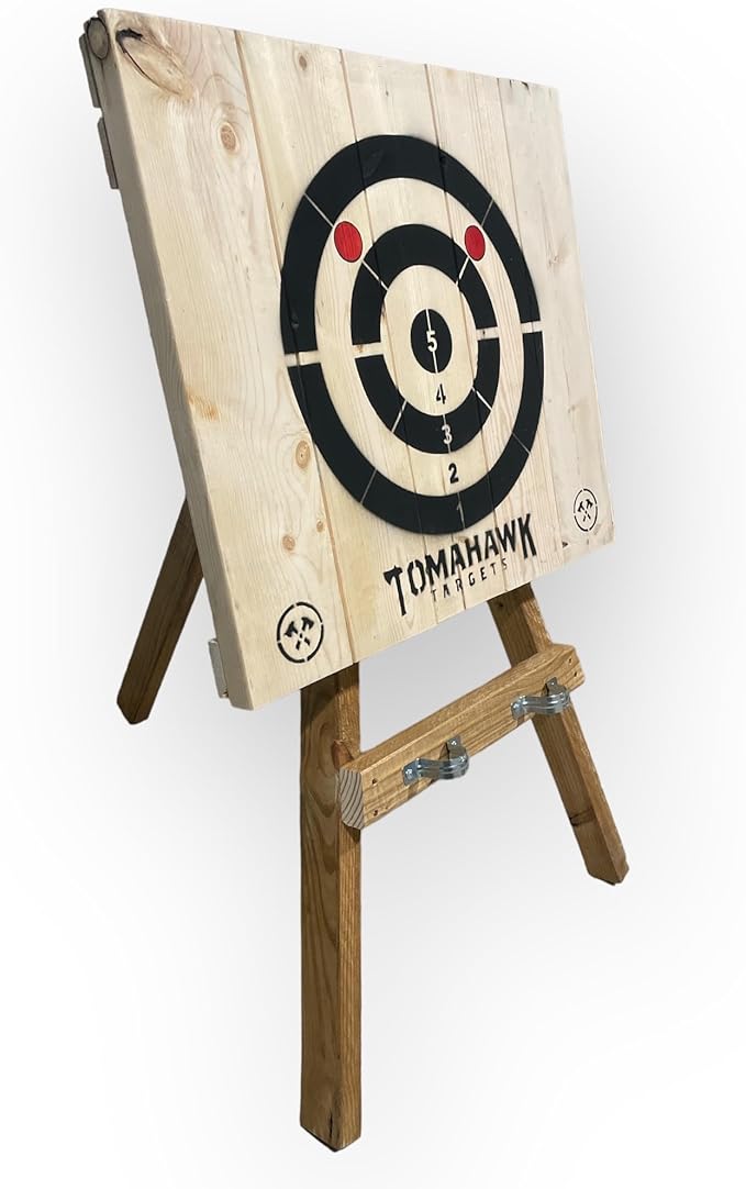 Tomahawk Targets - Large 4 Ring Wooden Axe and Knife Throwing Tripod Target Board and Stand 4ft Tall (Axes not Included)