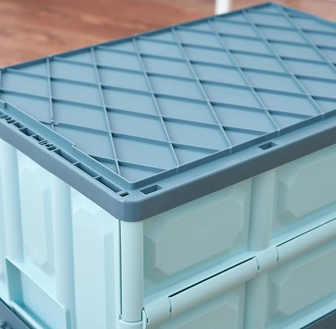 Blue Folding Plastic Stackable Utility Crates 2-Pack Collapsible Storage Bins with Lids 30L Durable Containers for Home &amp Garage Organization