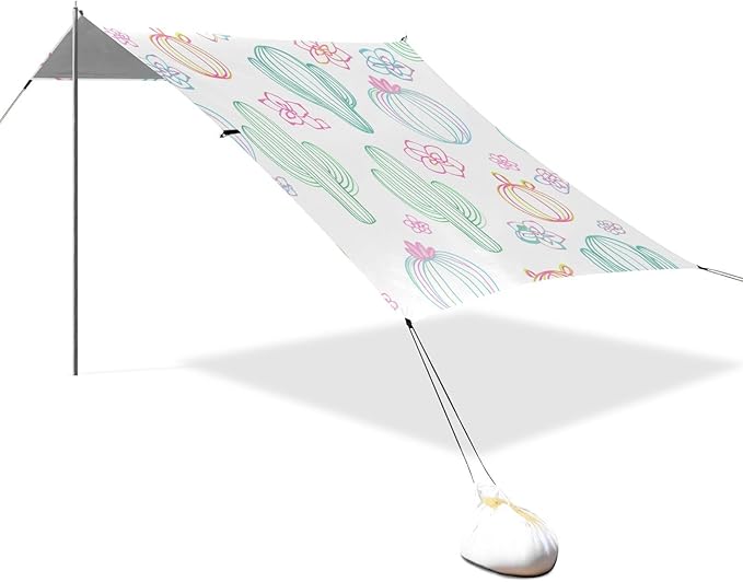 Beach Canopy with Windproof Ropes &amp Sandbags Beach Tent Sun Shade Sun Shelter for Camping Trips Fishing Backyard Fun or Picnics Cactus