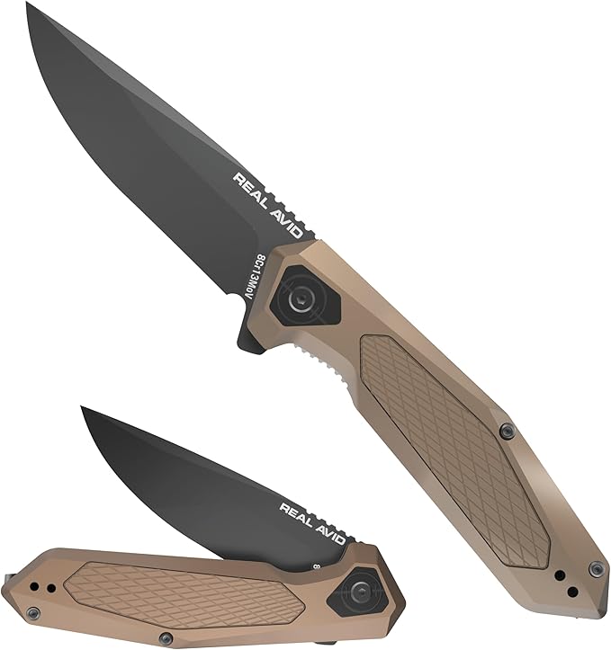 Real Avid RAV-3 EDC Knife | Pocket Knife 3.25 Drop Point Blade 8Cr13MoV Steel Durable Knife with Aluminum Handle + SS and Black Oxide Finish