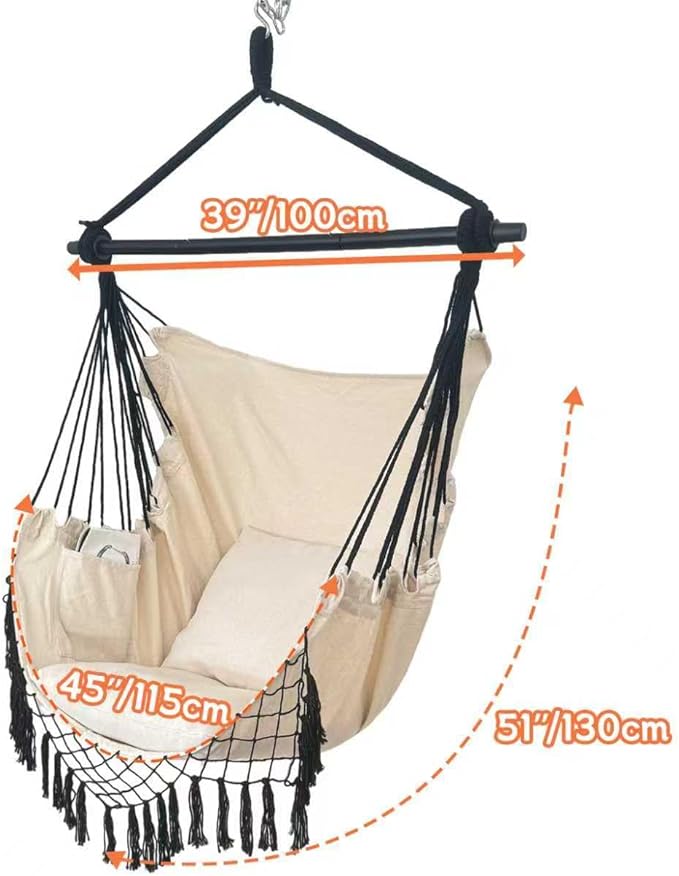 Hammock Chair Hanging Rope Swing ChairMax 450 Lbs Large Hanging Chair with Pocket 2 Cushions Removable Steel Bar Hardware Kit Included Sturdy and Comfortable for Indoor Outdoor (Beige)