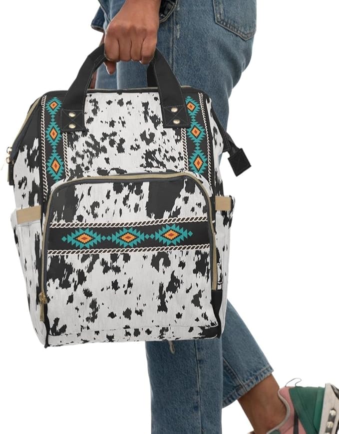 Cowhide Aztec Diaper Backpack/Cow Print Travel bag/Southwestern Shoulder bag/Cowgirl Bag/Trendy Aztec Western Bookbag/Western Carry On