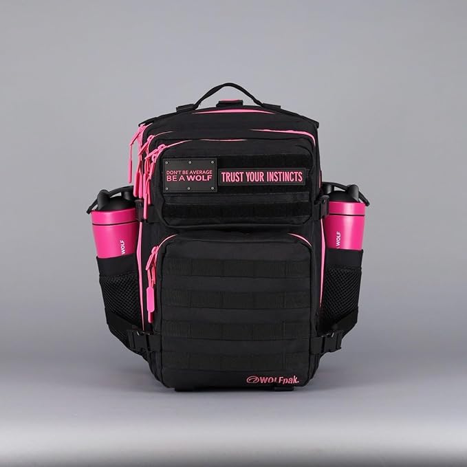 WOLFpak 35L Tactical Gym Backpack (Black Neon Pink) Durable 1000D Waterproof Oxford Material with MOLLE Webbing Laptop Pocket &amp Dual Cup Holders Durable Fitness/Travel/Military Daypack
