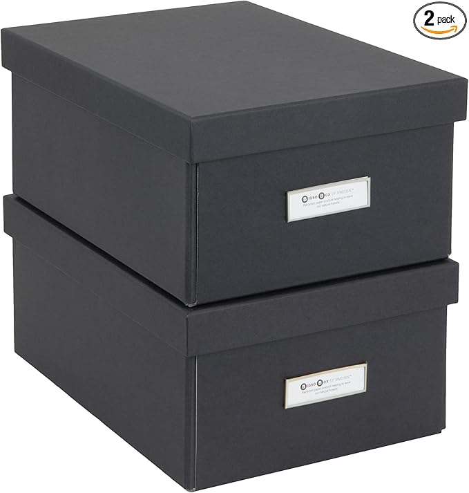 Bigso Box of Sweden Karin Collapsible Storage Box with Labelframe for Identification - Simple Assembly without Tools - Decorative Storage Boxes with Lids - 8.9in x 12.4in x 5.4in - 2 Pack - Dark Gray