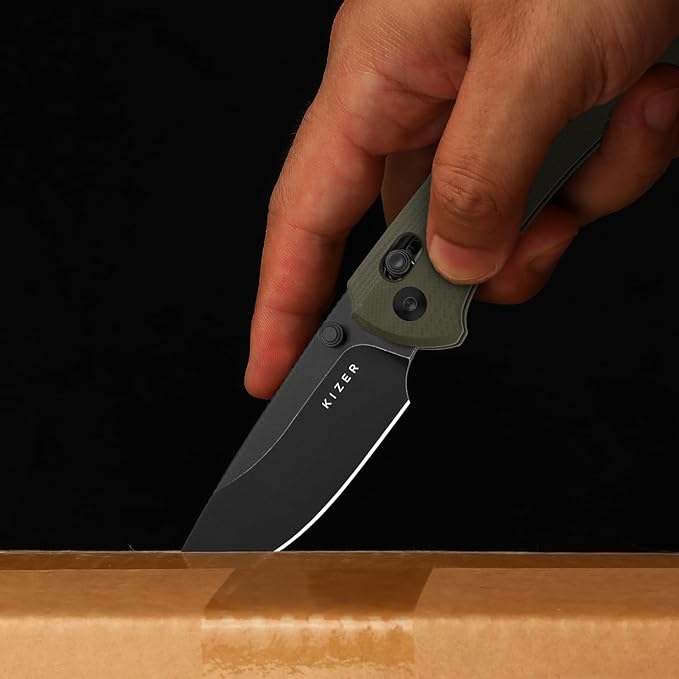 Kizer T1 CD EDC Pocket Knife 3.2 D2 Steel Drop Point Folding Knives with Olive Green G10 Handle Sided Thumb Studs Opener Clutch Lock for Camping Hiking Fishing V3490.2CM1