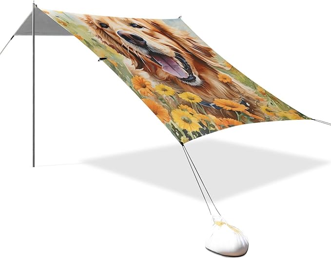 ALAZA Cute Golden Retriever in Flower Field Beach Tent Sun Shelter Portable Canopy Sunshade for Outdoor Camping Picnics Backyard Fun 10x9 ft