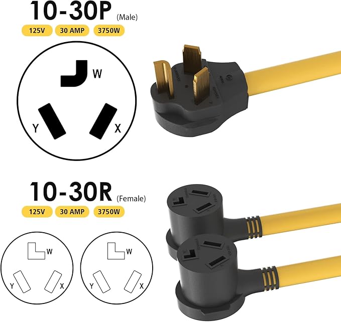 30 amp splitter 3 Prong Dryer Y Splitter L-Prong NEMA 10-30P Male to 2 x NEMA 10-30R Female 30 Amp 250 Volt 7500W STW 10 AWG Dryer Y Adapter Cord Power Cable for Electric Car UL Listed