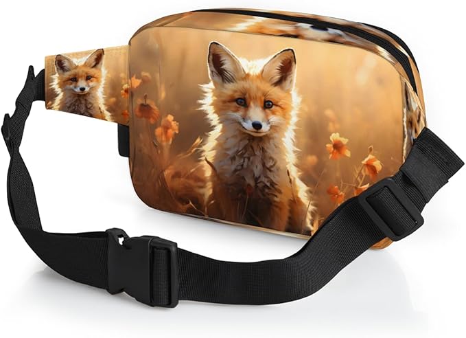 Watercolour Fox Flower Field Waterproof Fanny Pack for Women Men Adjustable Waist Bag with Double Zipper Pockets Lightweight Square Hip Pack for Running Travel Hiking Workout Cycling