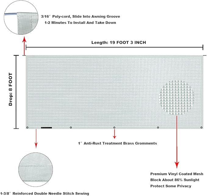 Tentproinc RV Awning Sun Shade Screen 8' X 19' 3'' (Fit for 20' Awning) Mesh Sunshade for RV Awning Shadescreen Block UV Glare Motorhome Camper Trailer Awning Sunscreen - 3 Year Warranty (Gray)