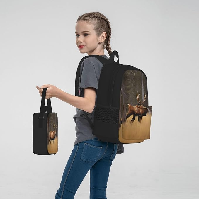 Wildlife Deer Bear Elk Backpack With Lunch Box 3 In 1 Set With Pencil Case Large Capacity Backpack With Chest Strap