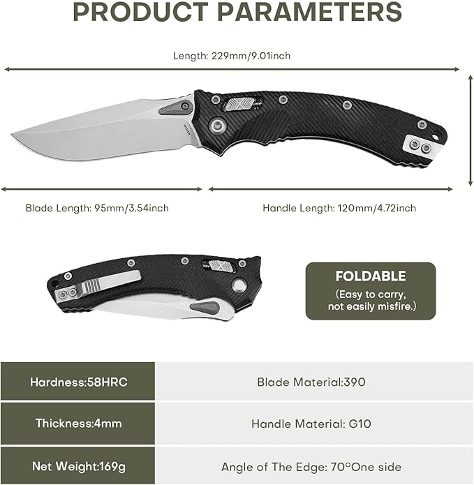 Folding Pocket Knife for Men M390 3.7 Blade with G10 Handle and Crossbar Lock EDC Knife for Camping Hiking and Outdoor Gifts for Him (Black)