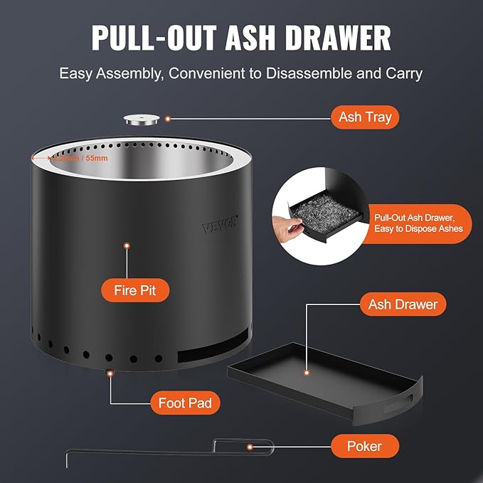 VEVOR Smokeless Fire Pit Stove Bonfire H: 17 in x Dia: 28 inWood Burning Fireplaces with Removable Ash Pan SUS430 Stainless Steel Inner Portable Outdoor Firepitfor Outdoor Patio Camping Black