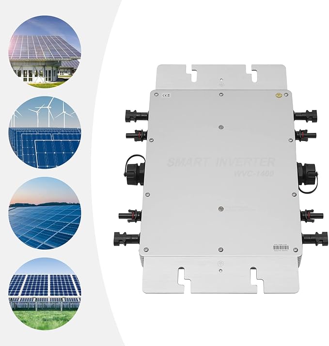 1400W Micro Inverter Grid Tie Solar Inverter MPPT Pure Sine Wave Automatic Identification Power Inverters IP65 Waterproof Self-Cooling for 30V/36V Solar Panels Silver