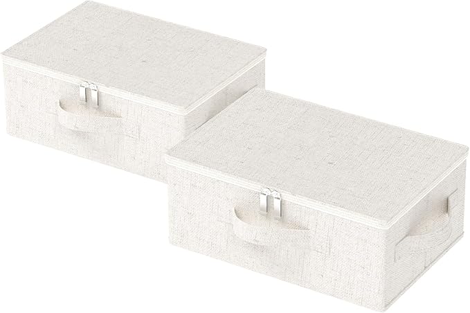 Underbed Storage Box with Lid Foldable Clothes Organizers Home Organising Baskets for Clothes Shoes Blankets Pillows 14.9x10.2x5.9Inches Beige 2 Pack
