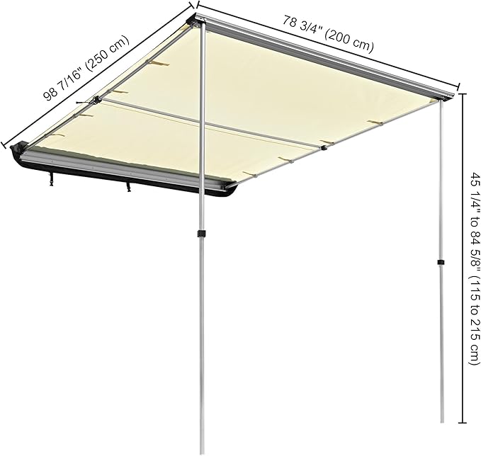 Car Side Awning with LED Light Pull Out Tent Shelter PU2000mm UV50+ Shade SUV Outdoor Camping Beige 6.6x8.2'