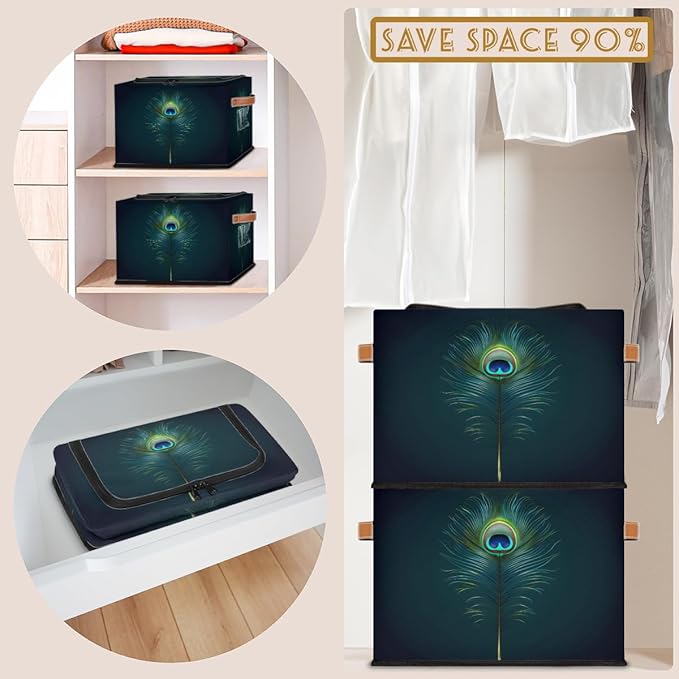 Peacock Feather Storage Box with Lid Boho Feather Collapsible Storage Bins Baskets Cubes Closet Shelf Clothes Organizer Containers with PU Leather Handles
