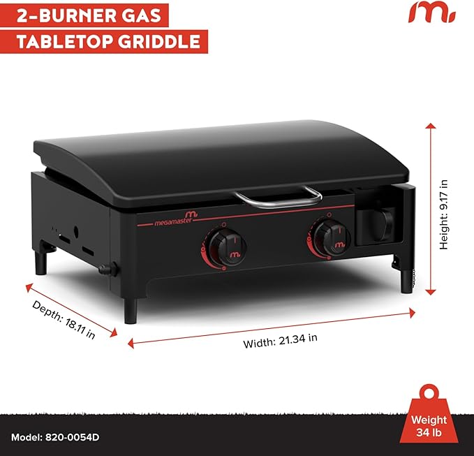 Megamaster 2-Burner Portable Gas Griddle with Built-In Lid 18000 BTUs 282 SQ In Cooking Space Small Tabletop Propane Griddle for Outdoor Cooking Camping BBQs and Parties - 820-0054D