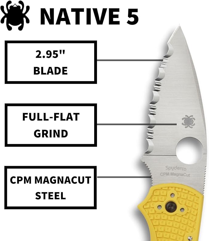 Spyderco Native 5 Salt Knife with 2.95 Corrosion-Resistant LC200N Steel Blade and Lightweight Yellow FRN Handle - SpyderEdge - C41SYL5
