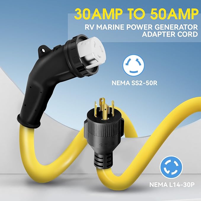 3FT NEMA L14-30P to SS2-50R RV Marine Power Generator Adapter Cord 30A 4 Prong Locking Generator L14-30P Male to 50A Marine Shore Power SS2-50R Female with 135° Elbow Grip Handle LED Power Indicator