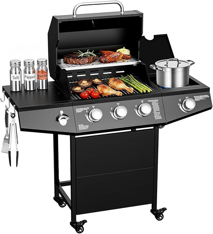 3 Burner Propane Gas Grill with Side Burner 40000 BTU Output Propane Grill Outdoor Gas BBQ Grill with Stainless Steel Grates Outdoor Cooking for Patio Camping Backyard