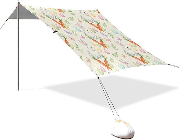 Easter Bunny Beach Canopy Sun Shelter with Sandbags &amp Sand Shovel &amp Windproof Ropes - Portable 110x126 Beach Shade Beach Tent for Camping Picnics