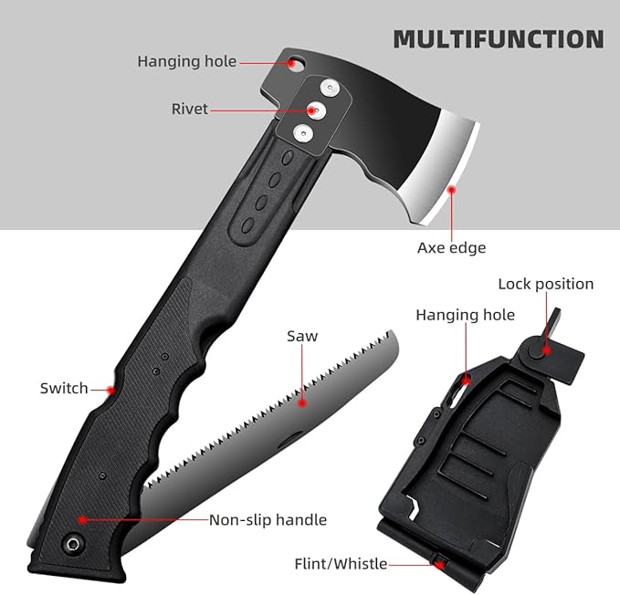 Multifunctional Hammer Head Axe Survival Tactical Tool - Folding Saw Flintstone Whistle with Axe Sheath - Camping Hatchet for Outdoor Hiking