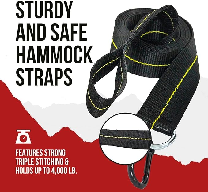 Hammock Straps - Set of 2 Hammock Tree Straps with Heavy Duty Carabiner Clips - 2 Inch X 8 Foot Long Straps for Hammock Camping 4000 lb Webbing - Made in USA Black