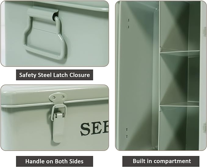 Seed Saving Box Metal Seed Bin Seed Storage Organizer Box Seed Packet Container with Lid Seed Envelope Storage Box 4 Compartments Garden Seed Bin with Safety Locks-Green