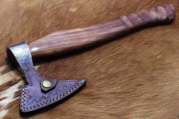 Damascus Depot Tomahawk Axe Bearded Hiking Battle Axe 15 Inches Long Hand Hammered Carbon Steel Axe with Rose Wood Round Handle Thick Cow Hide Leather Sheath