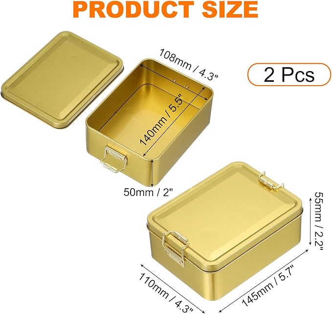 uxcell 2Pcs Metal Tinplate Box with Lids 5.7x4.3x2.2 Empty Rectangular Tin Box Container with Clasp for Home Office Travel Organizer Gifts Cookies Pencil Case Storage Champagne Gold