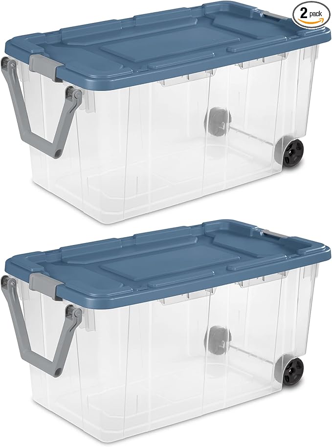 2 Pieces160 Quarts of Wheeled Storage Boxes Super Large Durable Transparent Boxes with Lock Covers and Handles Suitable for Moving Garage and Tool Room Storage (Blue and Clear)