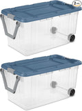 2 Pieces160 Quarts of Wheeled Storage Boxes Super Large Durable Transparent Boxes with Lock Covers and Handles Suitable for Moving Garage and Tool Room Storage (Blue and Clear)