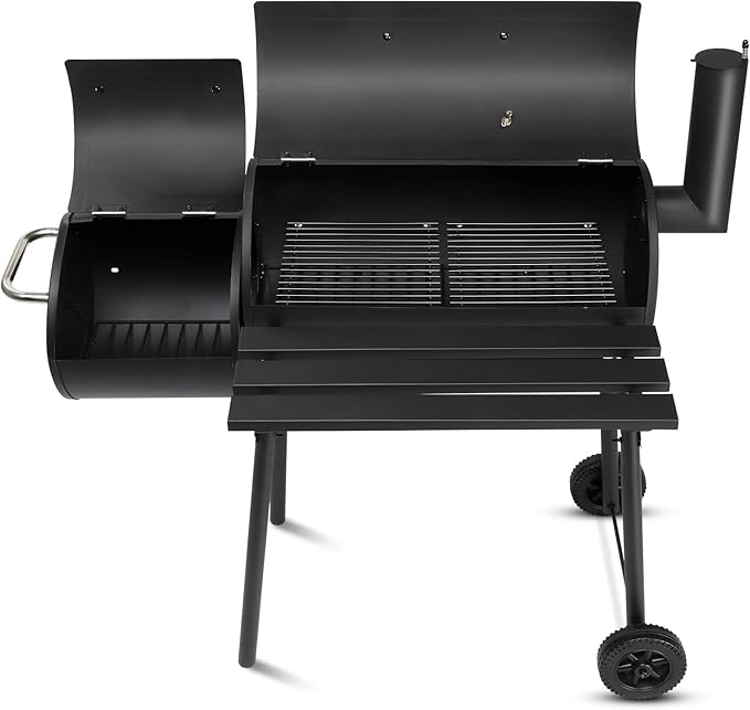 Large Charcoal Grill with Offset Smoker and Wood-Painted Side Table Outdoor Smoker Grill with 811 Sq. In. Cooking Area for Outdoor Patio Barbecue Camping Parties Event Black